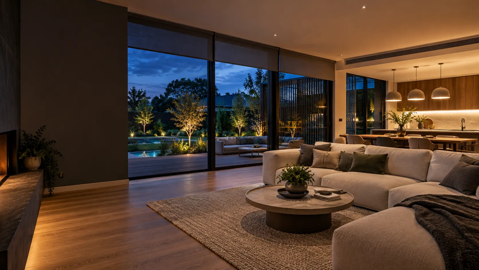 Warm contemporary living space with automated lighting and motorised blinds