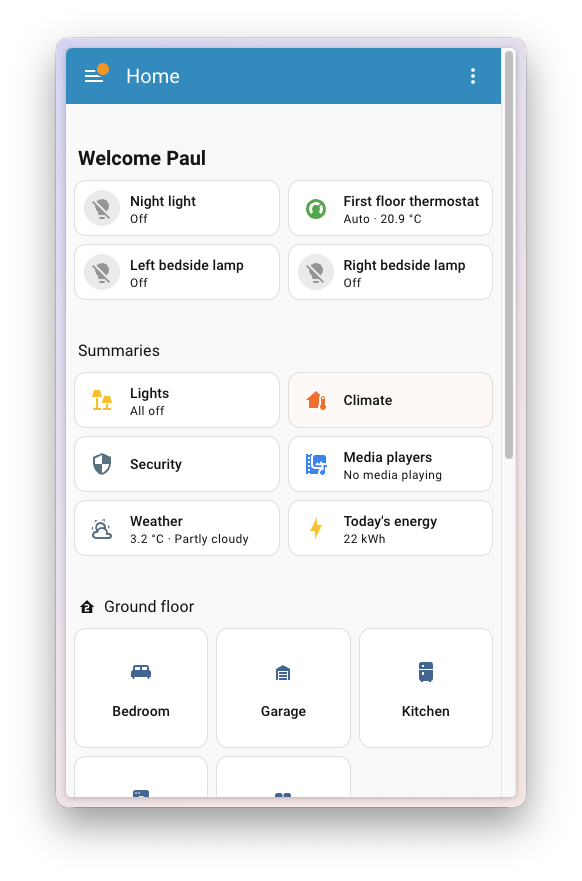 Official Home Assistant mobile Home dashboard showing favourites, summaries and rooms